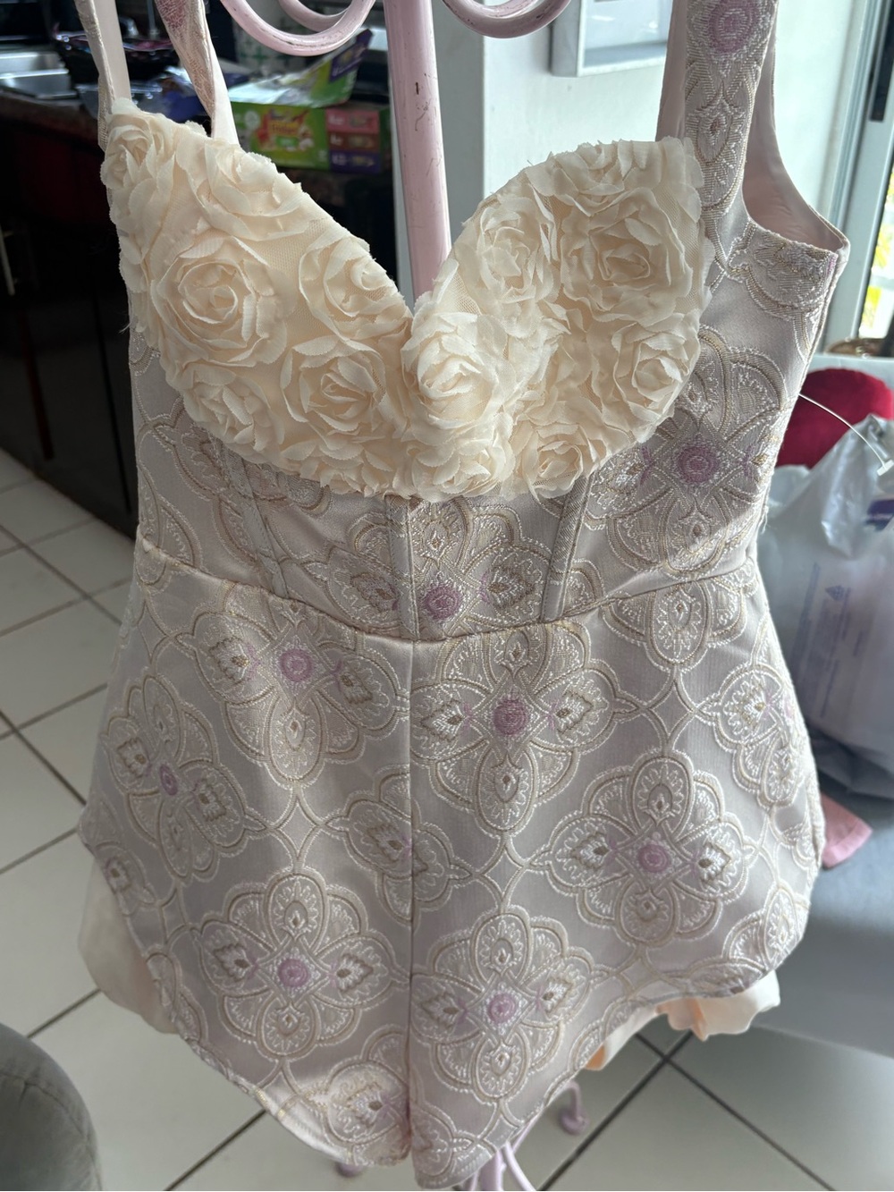 Blithe Ivory Floral Appliqué Bustier Romper. Size Medium.